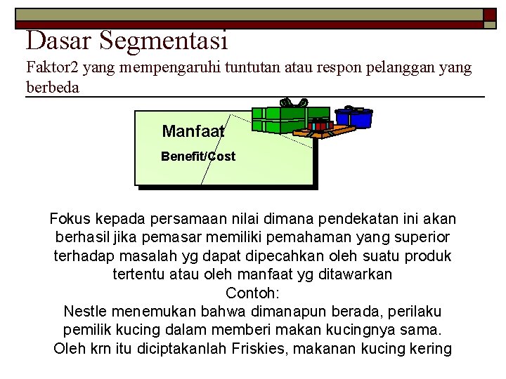 Dasar Segmentasi Faktor 2 yang mempengaruhi tuntutan atau respon pelanggan yang berbeda Manfaat Benefit/Cost