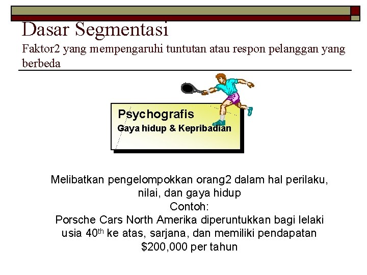 Dasar Segmentasi Faktor 2 yang mempengaruhi tuntutan atau respon pelanggan yang berbeda Psychografis Gaya