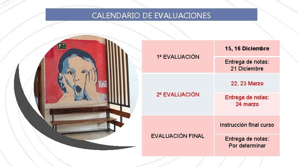 CALENDARIO DE EVALUACIONES 15, 16 Diciembre 1ª EVALUACIÓN Entrega de notas: 21 Diciembre 22,