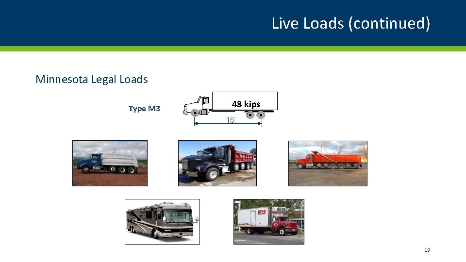 Live Loads (continued) Minnesota Legal Loads Type M 3 48 kips 16’ 19 Live Loads (continued) Minnesota Legal Loads Type M 3 48 kips 16’ 19