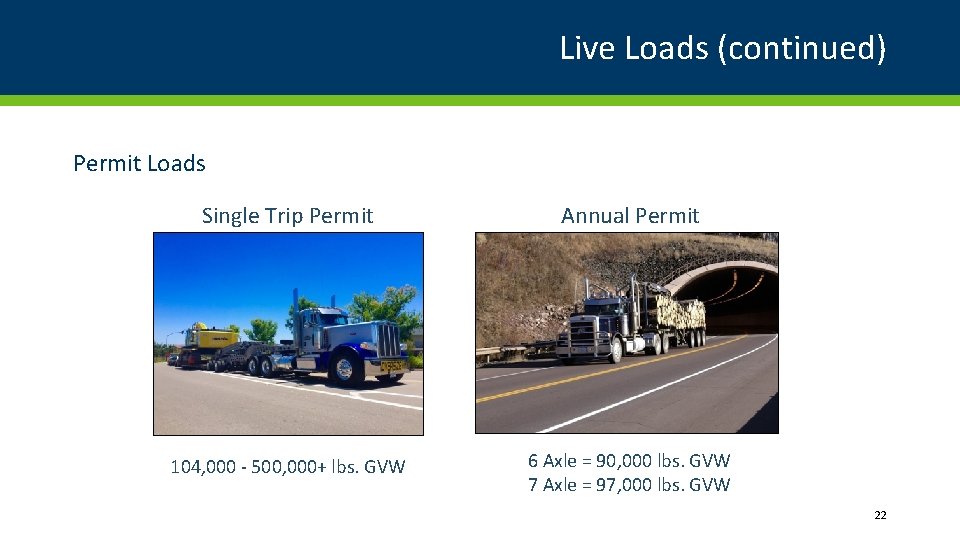 Live Loads (continued) Permit Loads Single Trip Permit Annual Permit 104, 000 - 500,