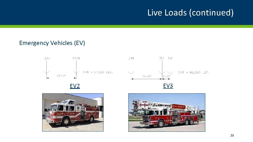 Live Loads (continued) Emergency Vehicles (EV) EV 2 EV 3 23 Live Loads (continued) Emergency Vehicles (EV) EV 2 EV 3 23