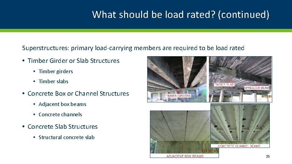What should be load rated? (continued) Superstructures: primary load-carrying members are required to be