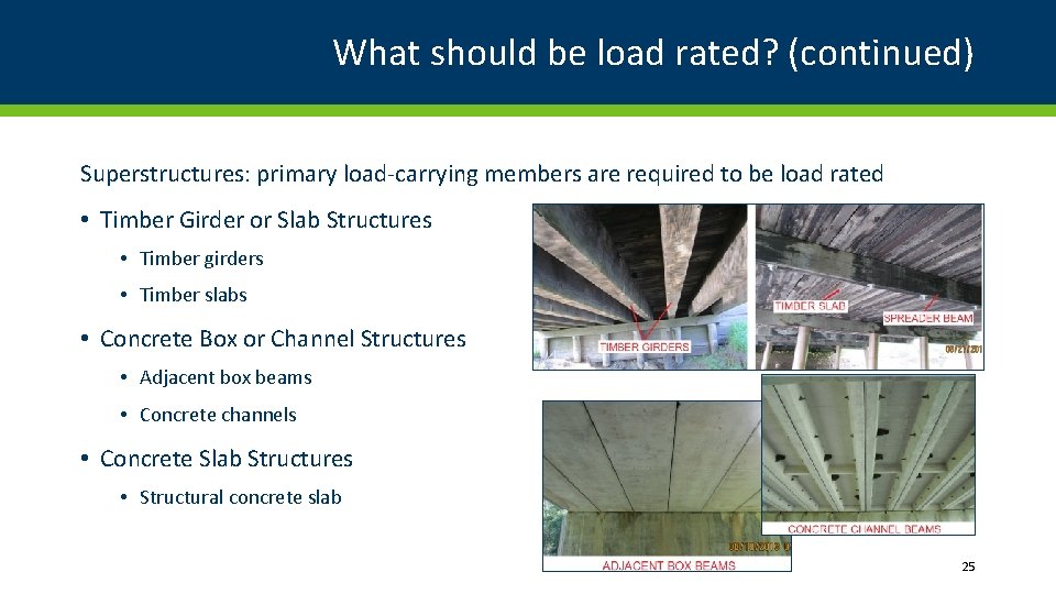 What should be load rated? (continued) Superstructures: primary load-carrying members are required to be What should be load rated? (continued) Superstructures: primary load-carrying members are required to be