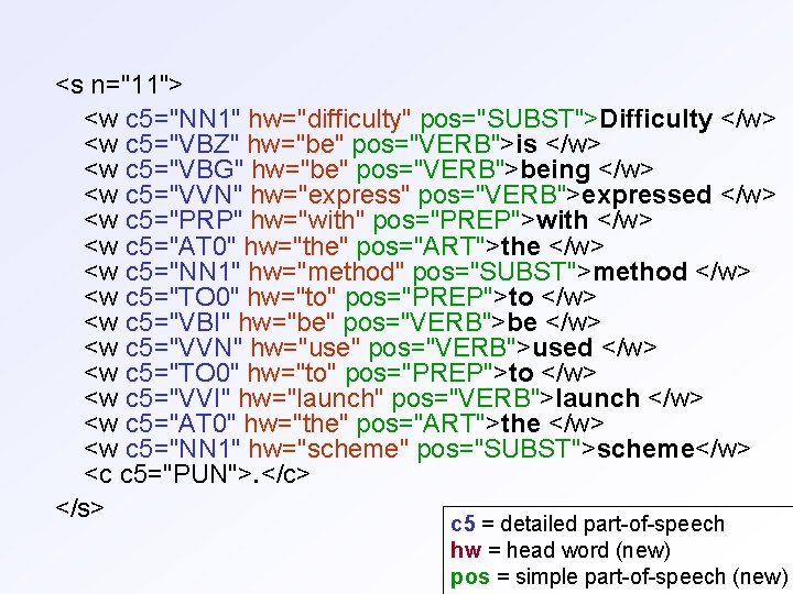 <s n="11"> <w c 5="NN 1" hw="difficulty" pos="SUBST">Difficulty </w> <w c 5="VBZ" hw="be" pos="VERB">is