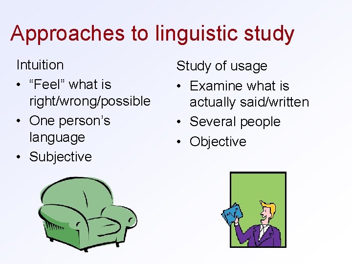 Approaches to linguistic study Intuition • “Feel” what is right/wrong/possible • One person’s language