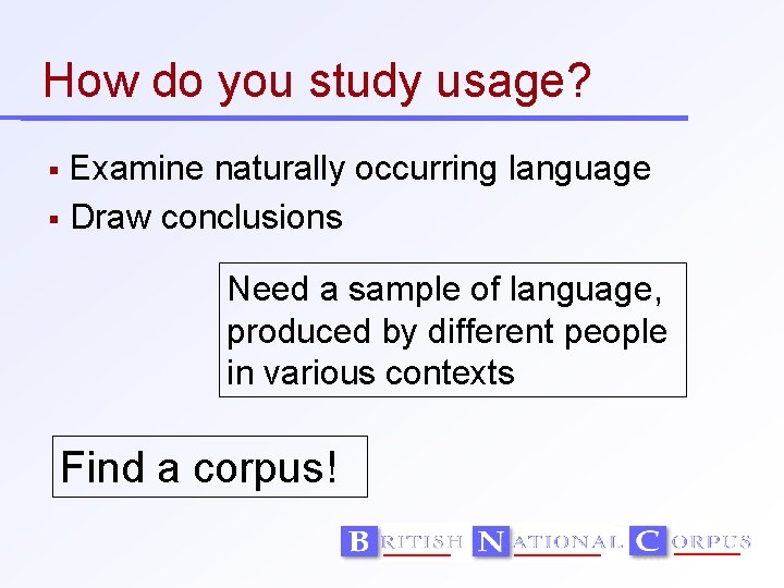 How do you study usage? Examine naturally occurring language Draw conclusions Need a sample