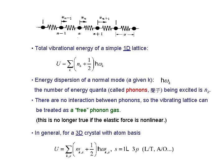  • Total vibrational energy of a simple 1 D lattice: • Energy dispersion