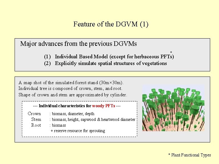 Feature of the DGVM (1) Major advances from the previous DGVMs * (1) Individual