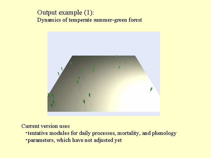 Output example (1): Dynamics of temperate summer-green forest Current version uses ・tentative modules for