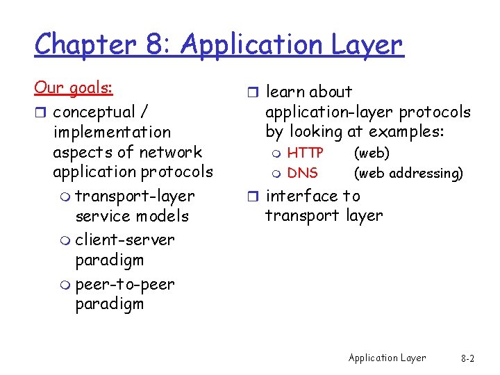 Chapter 8: Application Layer Our goals: r conceptual / implementation aspects of network application