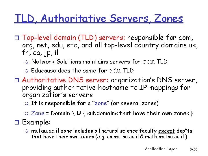 TLD, Authoritative Servers, Zones r Top-level domain (TLD) servers: responsible for com, org, net,