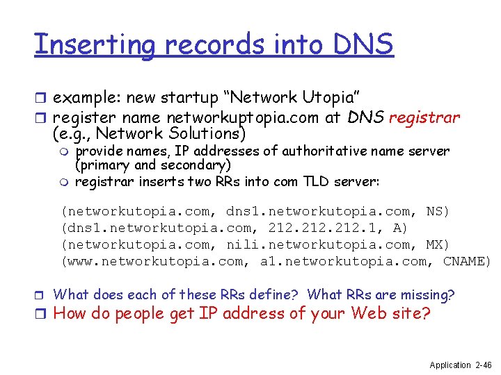 Inserting records into DNS r example: new startup “Network Utopia” r register name networkuptopia.