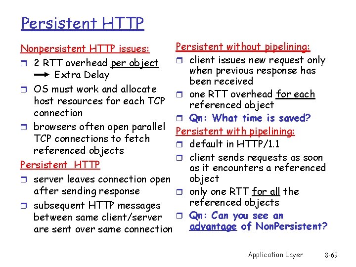 Persistent HTTP Nonpersistent HTTP issues: r 2 RTT overhead per object Extra Delay r