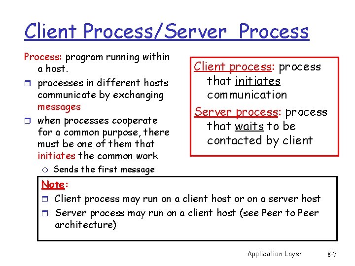 Client Process/Server Process: program running within a host. r processes in different hosts communicate