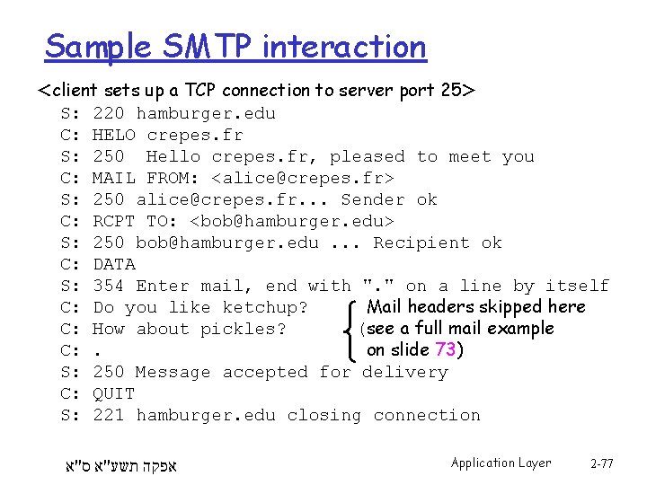 Sample SMTP interaction <client sets up a TCP connection to server port 25> S:
