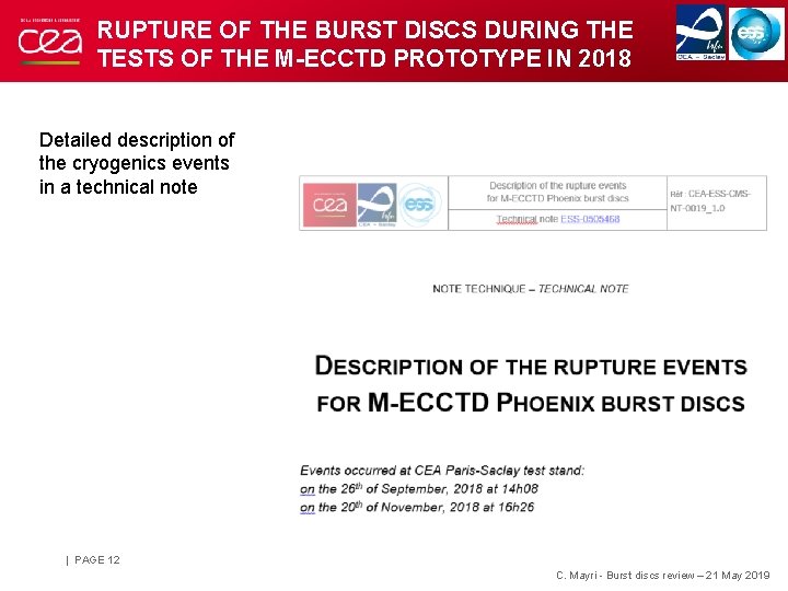 RUPTURE OF THE BURST DISCS DURING THE TESTS OF THE M-ECCTD PROTOTYPE IN 2018
