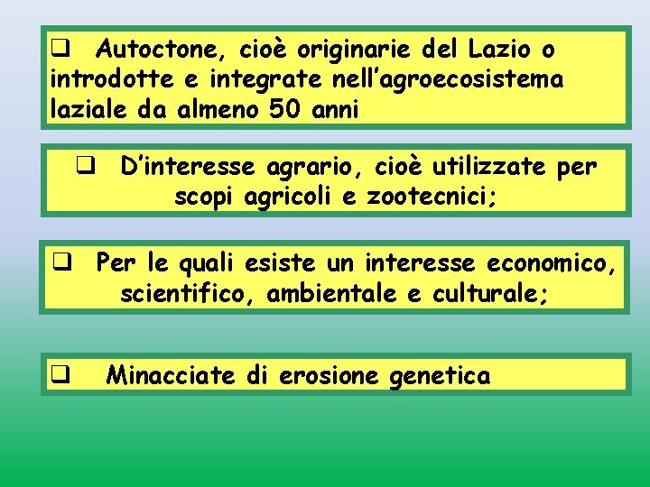 q Autoctone, cioè originarie del Lazio o introdotte e integrate nell’agroecosistema laziale da almeno