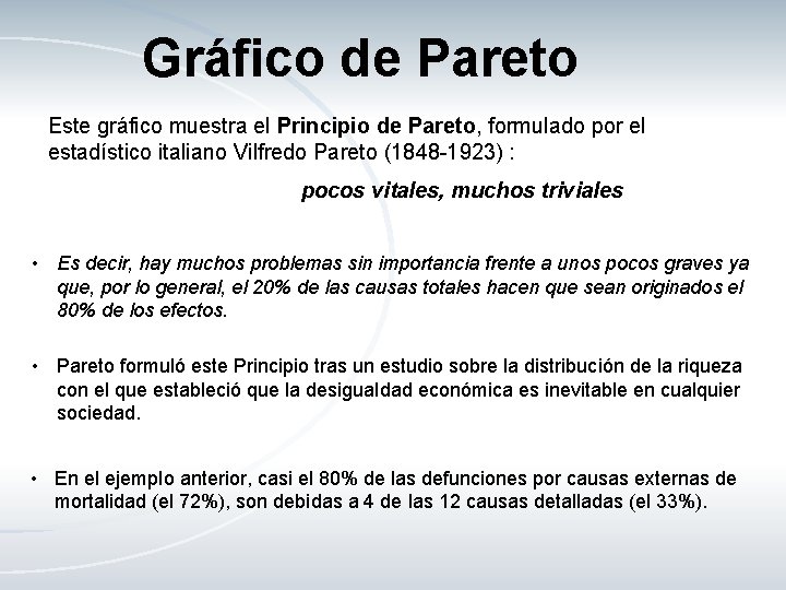 Gráfico de Pareto Este gráfico muestra el Principio de Pareto, formulado por el estadístico