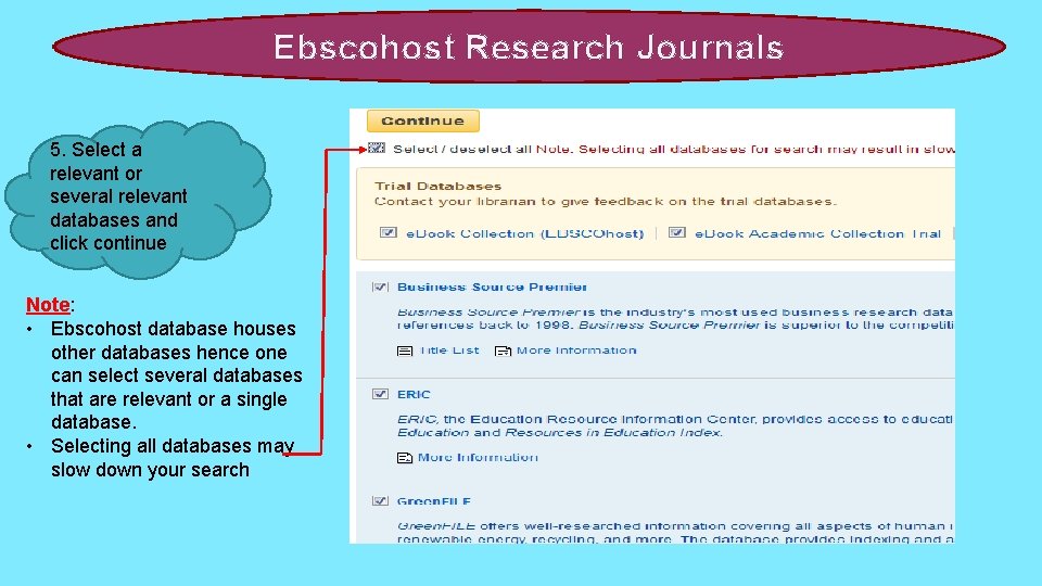 Ebscohost Research Journals 5. Select a relevant or several relevant databases and click continue