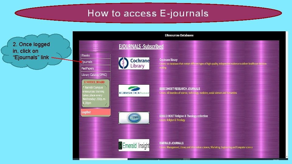 How to access E-journals 2. Once logged in, click on “Ejournals” link 