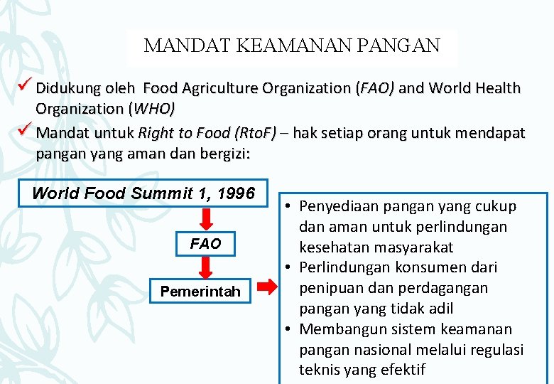 MANDAT KEAMANAN PANGAN ü Didukung oleh Food Agriculture Organization (FAO) and World Health Organization