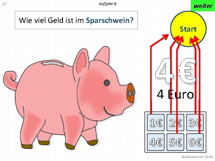 Aufgabe 6 Wie viel Geld ist im Sparschwein? weiter Start 4€ 4 Euro 1€