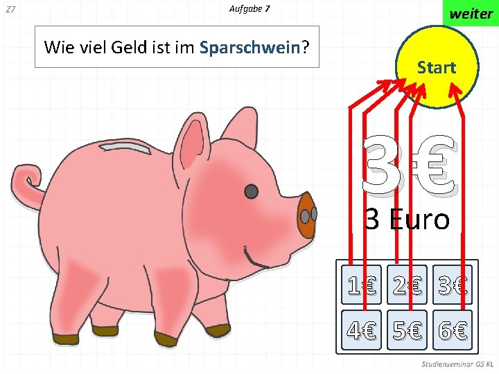 Aufgabe 7 Wie viel Geld ist im Sparschwein? weiter Start 3€ 3 Euro 1€