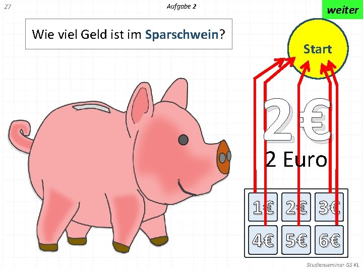 Aufgabe 2 Wie viel Geld ist im Sparschwein? weiter Start 2€ 2 Euro 1€