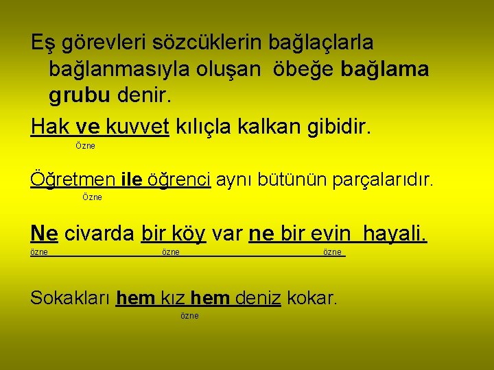 Eş görevleri sözcüklerin bağlaçlarla bağlanmasıyla oluşan öbeğe bağlama grubu denir. Hak ve kuvvet kılıçla