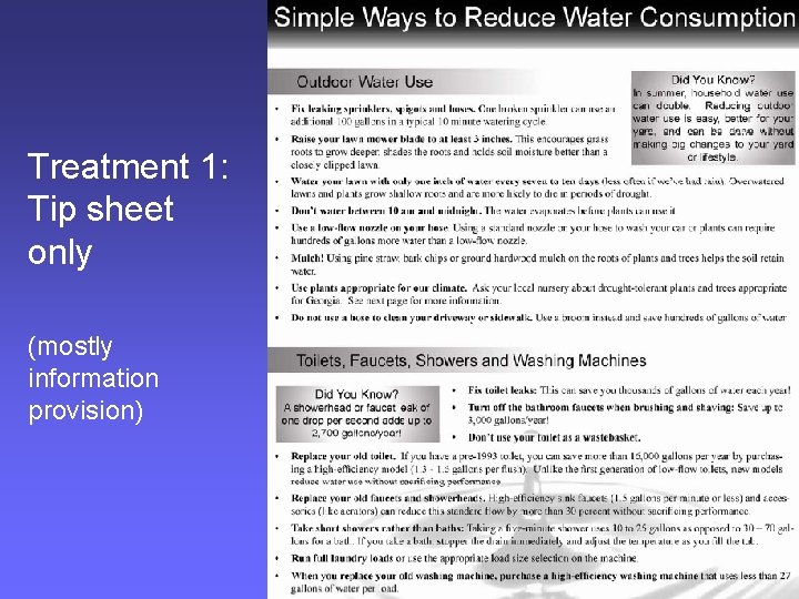 Treatment 1: Tip sheet only (mostly information provision) 