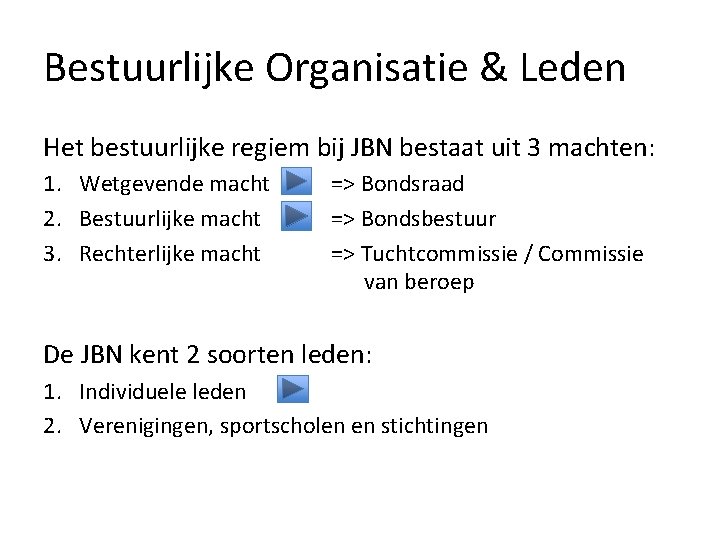 Bestuurlijke Organisatie & Leden Het bestuurlijke regiem bij JBN bestaat uit 3 machten: 1.