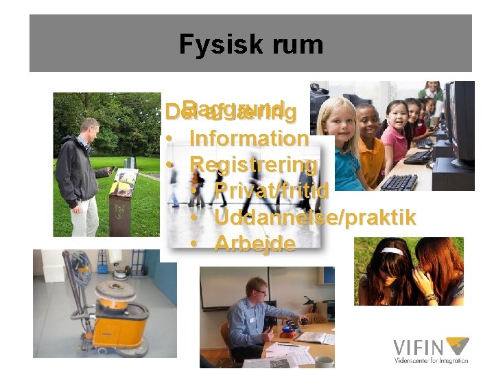 Fysisk rum Baggrund Del af læring • Information • Registrering • Privat/fritid • Uddannelse/praktik