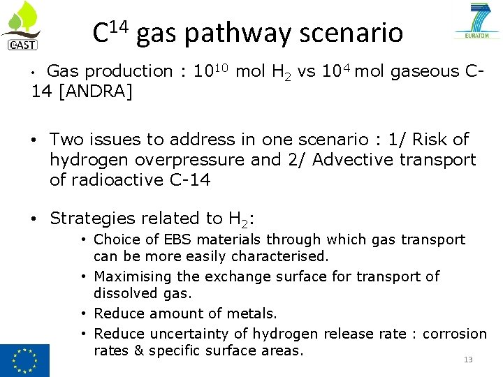 C 14 gas pathway scenario Gas production : 1010 mol H 2 vs 104