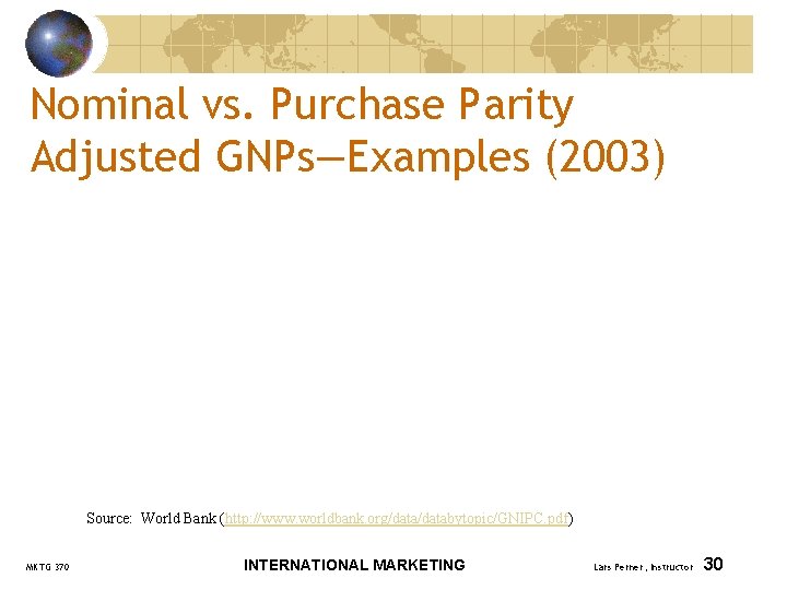 Nominal vs. Purchase Parity Adjusted GNPs—Examples (2003) Source: World Bank (http: //www. worldbank. org/databytopic/GNIPC.