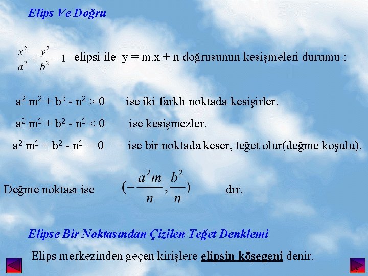 Elips Ve Doğru elipsi ile y = m. x + n doğrusunun kesişmeleri durumu