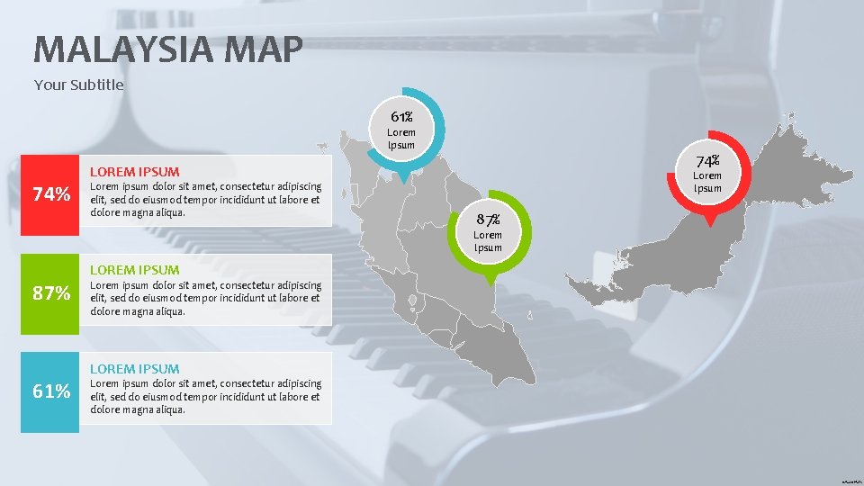 MALAYSIA MAP Your Subtitle 61% Lorem Ipsum 74% LOREM IPSUM Lorem ipsum dolor sit MALAYSIA MAP Your Subtitle 61% Lorem Ipsum 74% LOREM IPSUM Lorem ipsum dolor sit