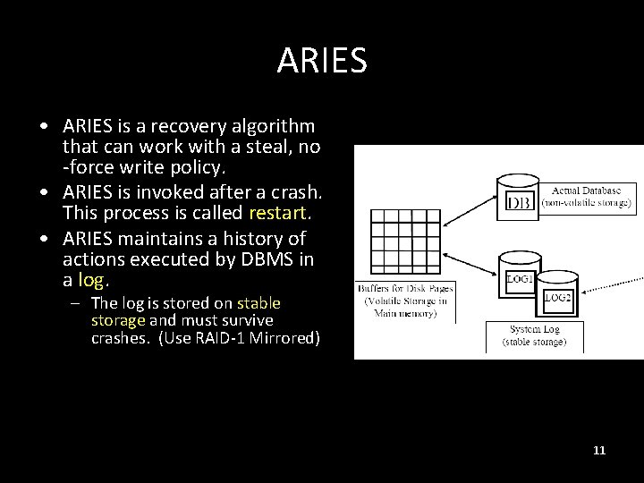 ARIES • ARIES is a recovery algorithm that can work with a steal, no