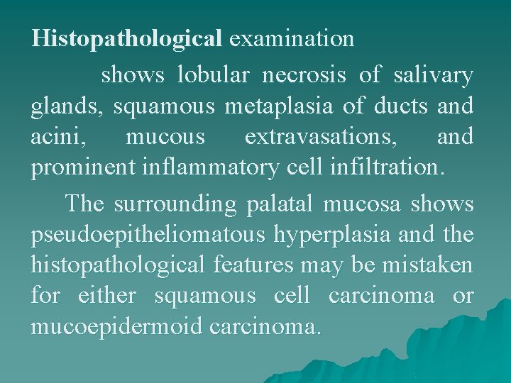 Histopathological examination shows lobular necrosis of salivary glands, squamous metaplasia of ducts and acini,