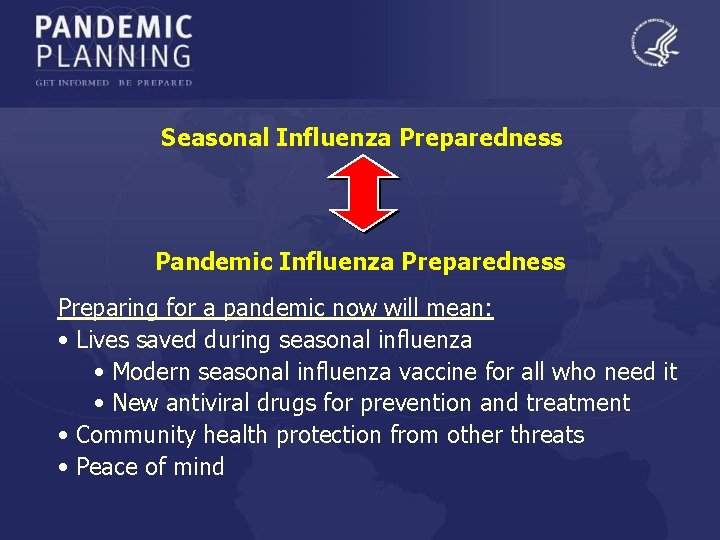 Seasonal Influenza Preparedness Pandemic Influenza Preparedness Preparing for a pandemic now will mean: •