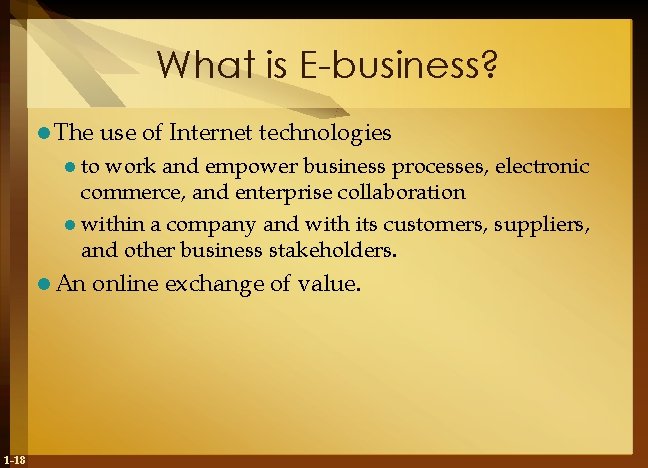 What is E-business? l The use of Internet technologies l to work and empower