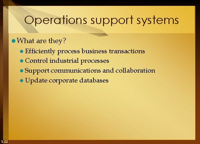 Operations support systems l What are they? l Efficiently process business transactions l Control