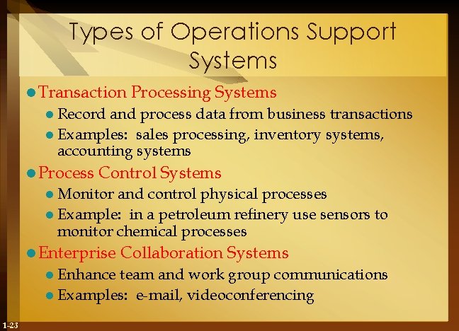 Types of Operations Support Systems l Transaction Processing Systems l Record and process data