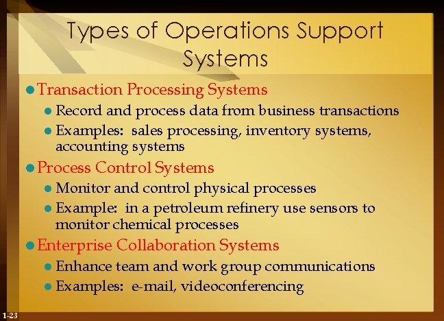 Types of Operations Support Systems l Transaction Processing Systems l Record and process data