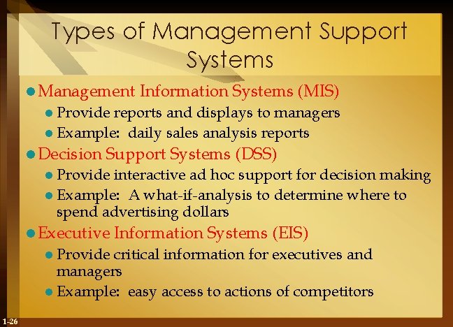 Types of Management Support Systems l Management Information Systems (MIS) l Provide reports and