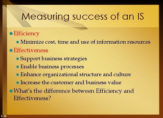 Measuring success of an IS l Efficiency l Minimize cost, time and use of