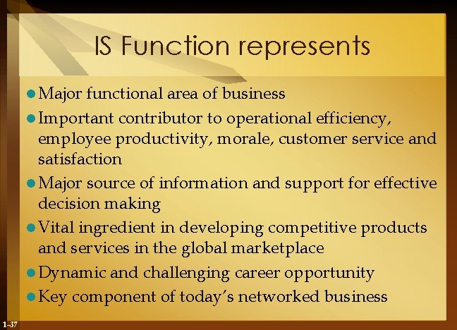 IS Function represents l Major functional area of business l Important contributor to operational