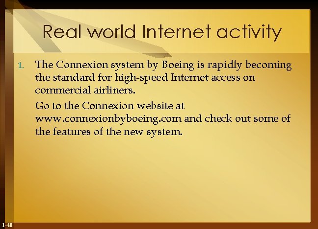 Real world Internet activity 1. 1 -40 The Connexion system by Boeing is rapidly