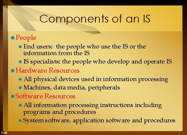 Components of an IS l People l End users: the people who use the