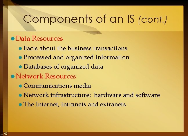 Components of an IS (cont. ) l Data Resources l Facts about the business